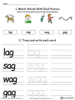 Identify, trace and write words in this AG Word Family printable worksheet in color.