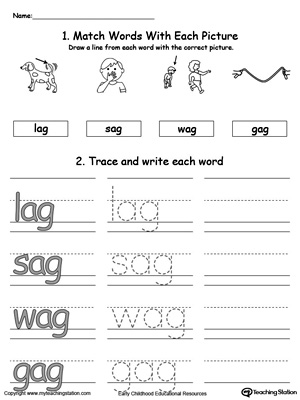 Identify, trace and write words in this AG Word Family printable worksheet.