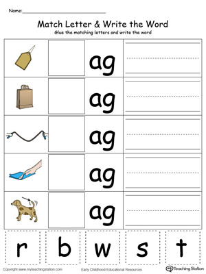 Place the missing letter in this beginning sound AG Word Family printable worksheet in color.