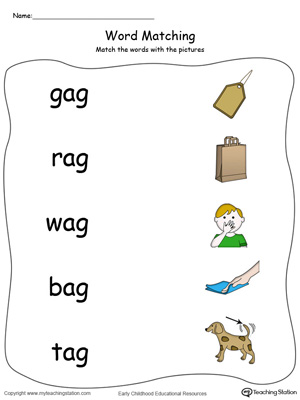 AG Word Family Picture and Word Match in Color. Identifying words ending in  –AG by matching the words with each picture.