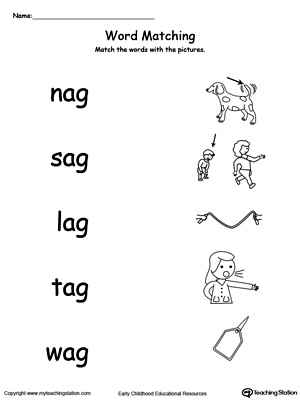 AG Word Family Picture and Word Match. Identifying words ending in  –AG by matching the words with each picture.