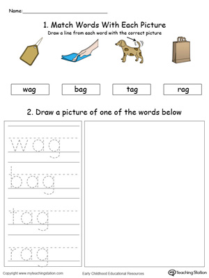 Practice drawing, tracing and identifying the sounds of the letters AG in this Word Family printable.