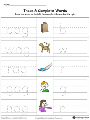 Trace then write the words themselves in this AG Word Family Trace and Write in Color printable worksheet.