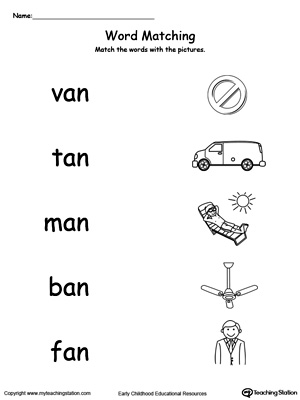AN Word Family Picture Match. Identifying words ending in  –AN by matching the words with each picture.