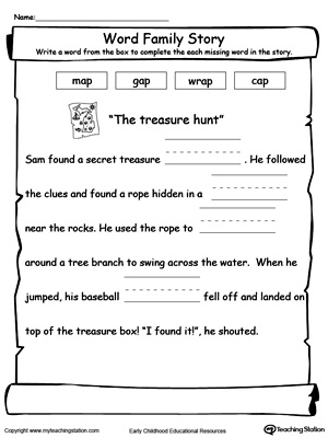 Master reading and writing with this AP word family story printable worksheet for kindergarten.