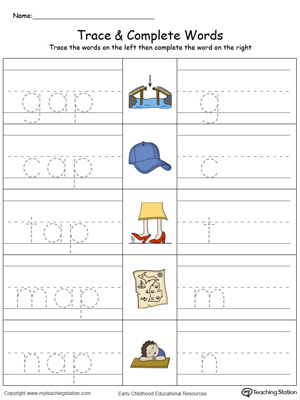 Trace then write the words themselves in this AP Word Family Trace and Write in Color printable worksheet.