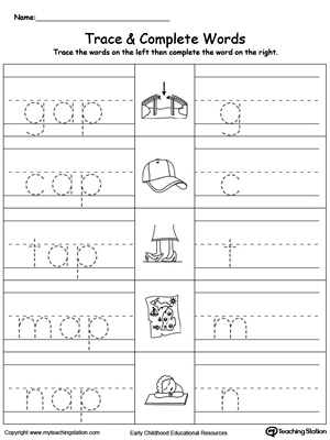 Trace then write the words themselves in this AP Word Family Trace and Write printable worksheet.