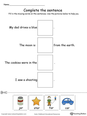 Identify the words and complete the AR Word Family sentence in this printable worksheet in color.
