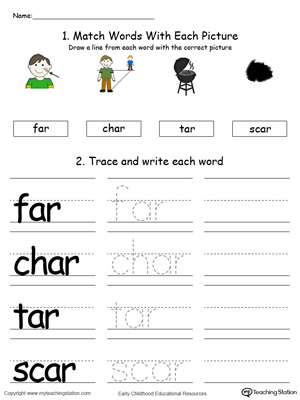 Identify, trace and write words in this AR Word Family printable worksheet in color.