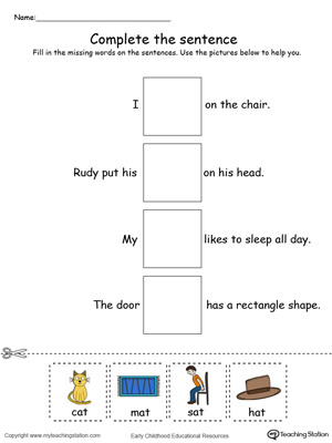 Identify the words and complete the AT Word Family sentence in this printable worksheet in color.