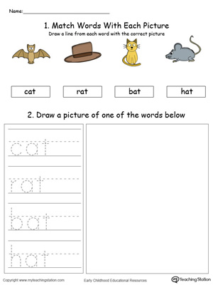Practice drawing, tracing and identifying the sounds of the letters AT in this Word Family printable.