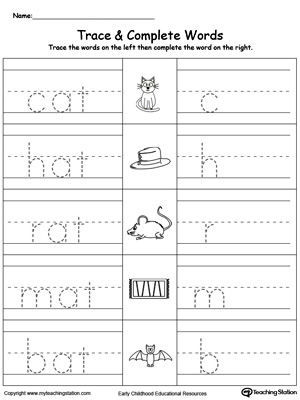 Trace then write the words themselves in this AT Word Family Trace and Write printable worksheet.