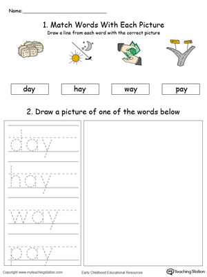Practice drawing, tracing and identifying the sounds of the letters AY in this Word Family printable.