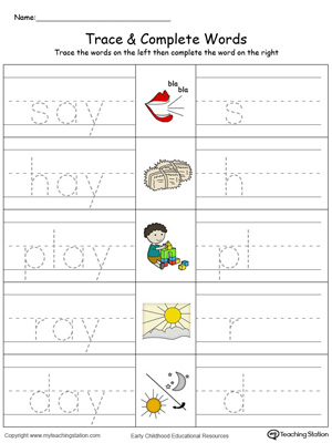 Trace then write the words themselves in this AY Word Family Trace and Write in Color printable worksheet.