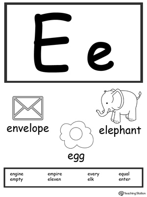 Recognize the sounds and letters at the beginning of words with this Letter E Printable Alphabet Flash Cards.
