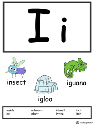 Recognize the letters and sounds at the beginning of words with Letter I Printable Alphabet Flash Cards.