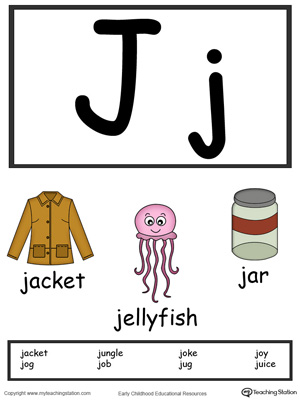 Recognize the letters and sounds at the beginning of words with Letter J Printable Alphabet Flash Cards.