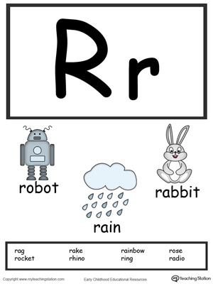 Recognize the letters and sounds at the beginning of words with Letter R Printable Alphabet Flash Cards.