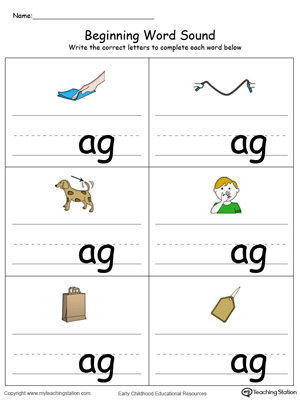 Learn sounds and letters at the beginning of words with this AG Word Family printable worksheet in color.