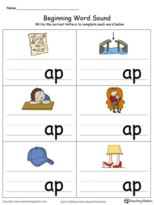 Learn sounds and letters at the beginning of words with this AP Word Family printable worksheet in color.