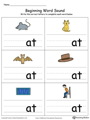Learn sounds and letters at the beginning of words with this AT Word Family printable worksheet in color.