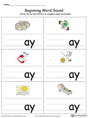 Learn sounds and letters at the beginning of words with this AY Word Family printable worksheet in color.