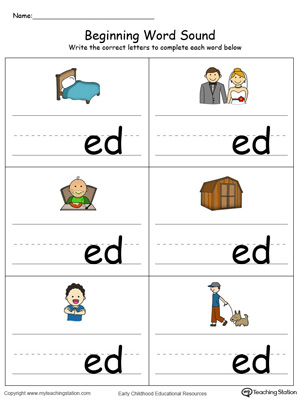Learn sounds and letters at the beginning of words with this ED Word Family printable worksheet in color.