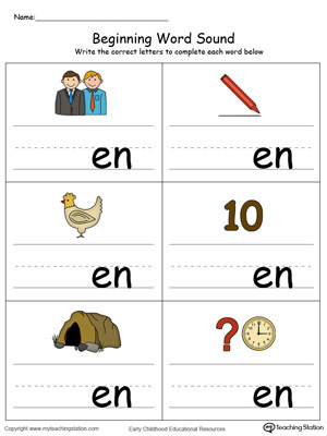 Learn sounds and letters at the beginning of words with this EN Word Family printable worksheet in color.