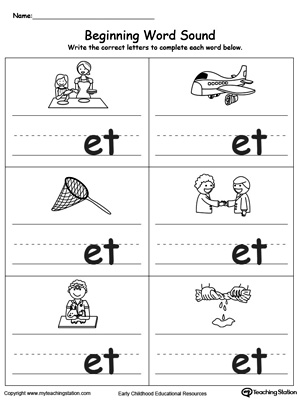 Learn sounds and letters at the beginning of words with this ET Word Family printable worksheet.