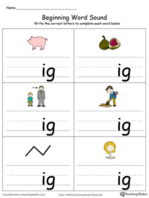 Learn sounds and letters at the beginning of words with this IG Word Family printable worksheet in color.