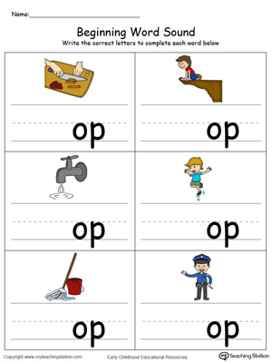 Learn sounds and letters at the beginning of words with this OP Word Family printable worksheet in color.
