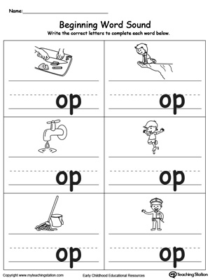 Learn sounds and letters at the beginning of words with this OP Word Family printable worksheet.