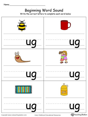 Learn sounds and letters at the beginning of words with this UG Word Family printable worksheet in color.