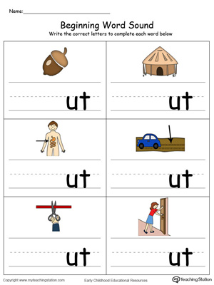 Learn sounds and letters at the beginning of words with this UT Word Family printable worksheet in color.