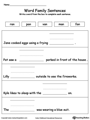 Use this printable worksheet to build sentences using words in the AN Word Family. Browse more word family worksheets.