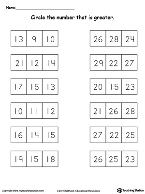 Compare and identify numbers that are greater than other numbers 10-30 in this math printable worksheets for kindergarten.