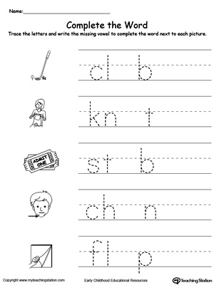 Missing vowel reading and writing worksheets for letters: U, I