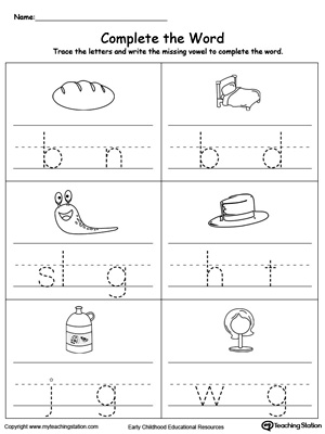 Practice letter sound and writing by completing the missing vowels in this reading and writing printable worksheet.