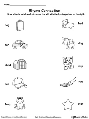 Teach Rhyming in kindergarten by connecting pictures with words ending in AG, AR, ED or OG