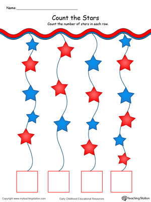 Count and match write the number stars in this patriotic math printable worksheet in color.