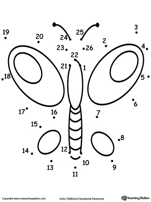 Dot to dot printable worksheet for numbers 1- 26: drawing a butterfly. Browse more dot-to-dot worksheets.