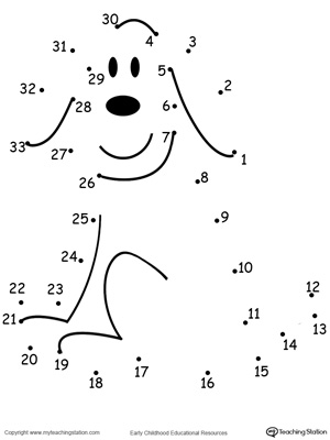 Dot to dot printable worksheet for numbers 1- 33: drawing a dog. Browse more dot-to-dot worksheets.
