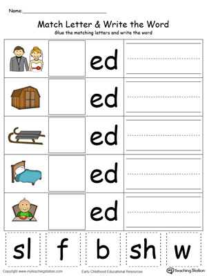 Place the missing letter in this beginning sound ED Word Family printable worksheet in color.