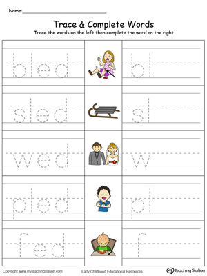 Trace then write the words themselves in this ED Word Family Trace and Write in Color printable worksheet.