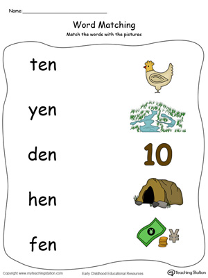 EN Word Family Picture and Word Match in Color. Identifying words ending in  –EN by matching the words with each picture.