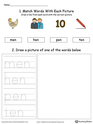 Practice drawing, tracing and identifying the sounds of the letters EN in this Word Family printable.