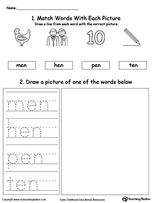 Practice tracing, drawing and recognizing the sounds of the letters EN in this Word Family printable.