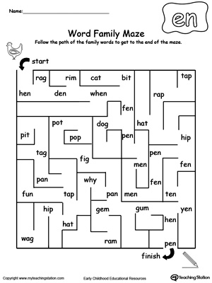 Practice thinking skills and word patterns with this EN Word Family maze printable worksheet.