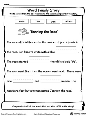 Master reading and writing with this EN word family story printable worksheet for kindergarten.