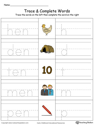Trace then write the words themselves in this EN Word Family Trace and Write in Color printable worksheet.